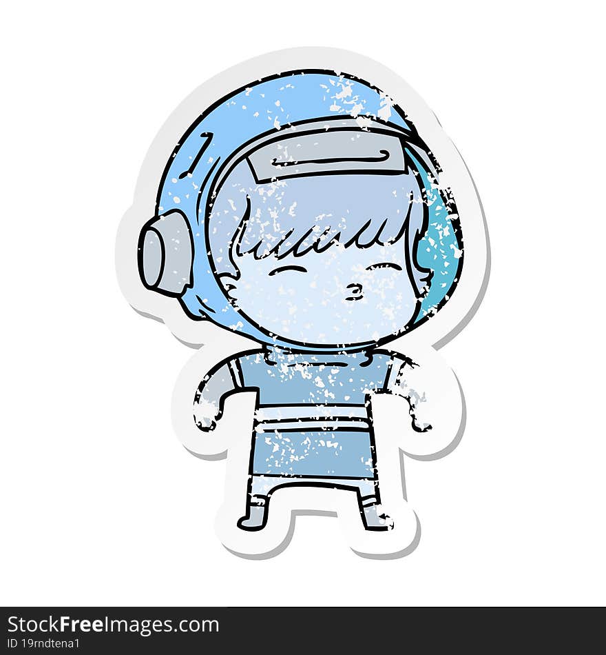 distressed sticker of a cartoon curious astronaut