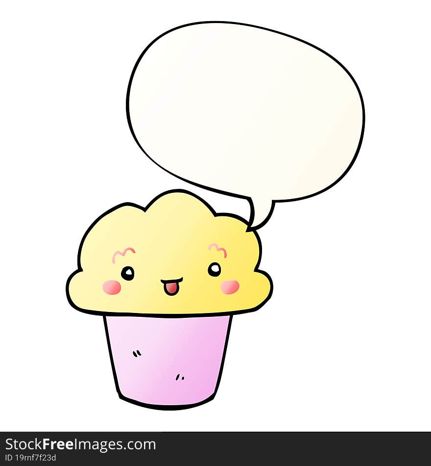 cartoon cupcake with face with speech bubble in smooth gradient style. cartoon cupcake with face with speech bubble in smooth gradient style