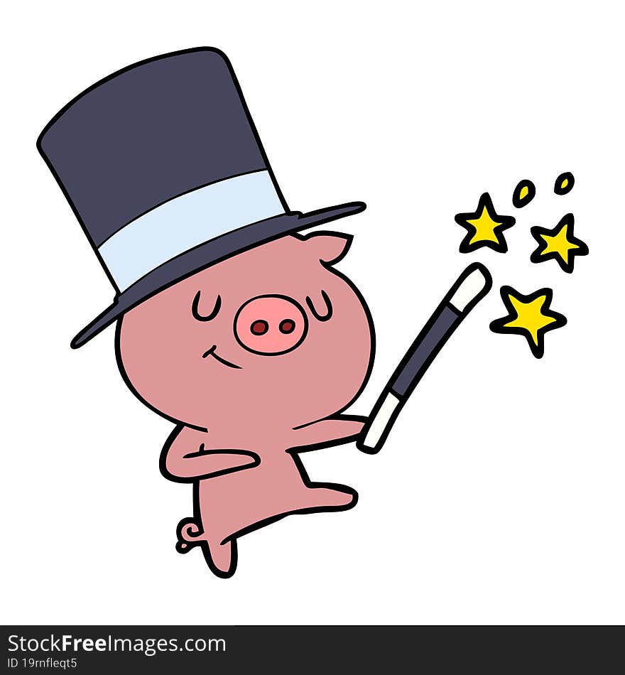 happy cartoon pig magician. happy cartoon pig magician