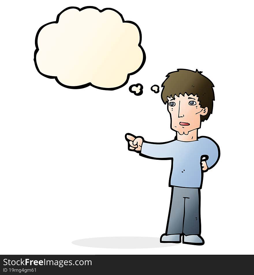 cartoon pointing man with thought bubble