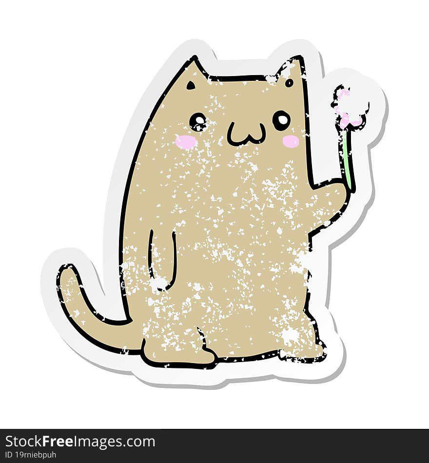 distressed sticker of a cute cartoon cat with flower