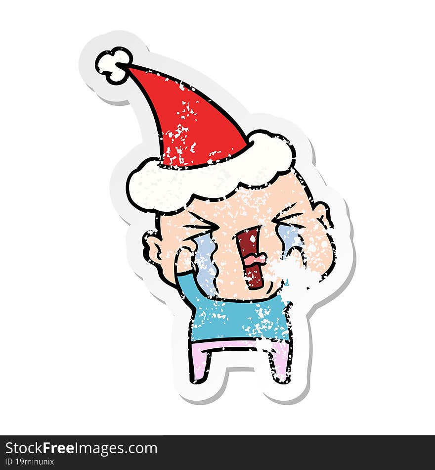 hand drawn distressed sticker cartoon of a crying bald man wearing santa hat