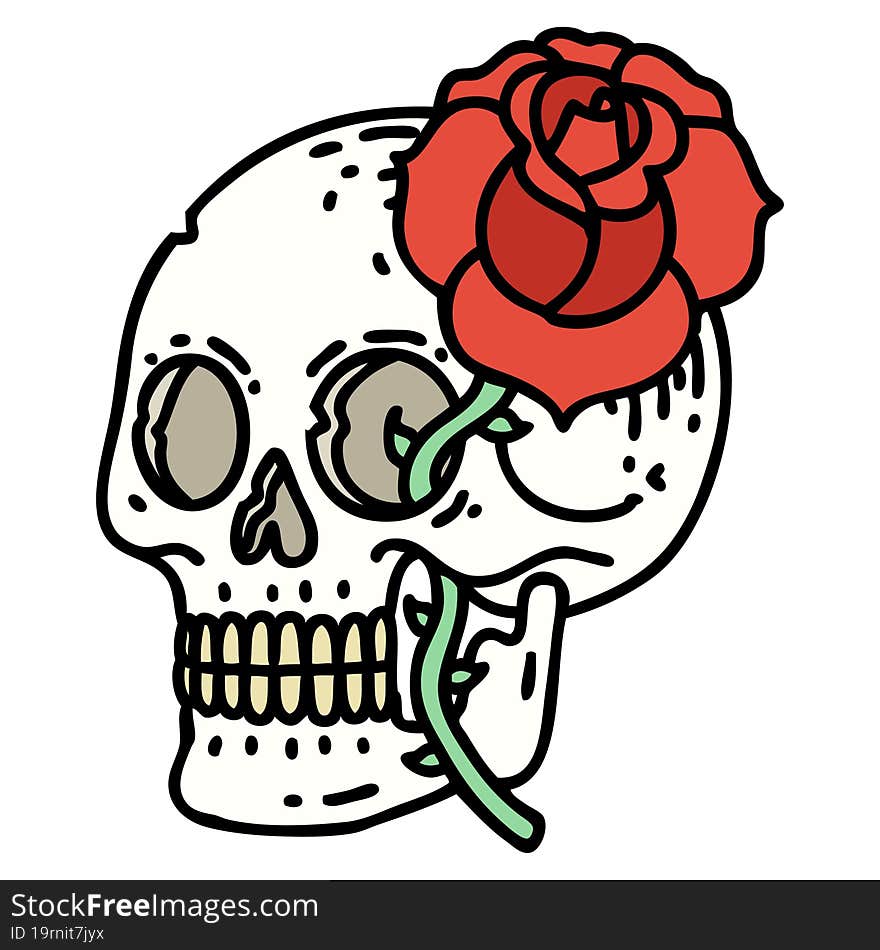 Traditional Tattoo Of A Skull And Rose