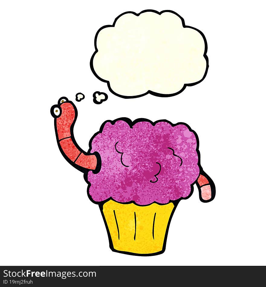 cartoon worm in cupcake with thought bubble