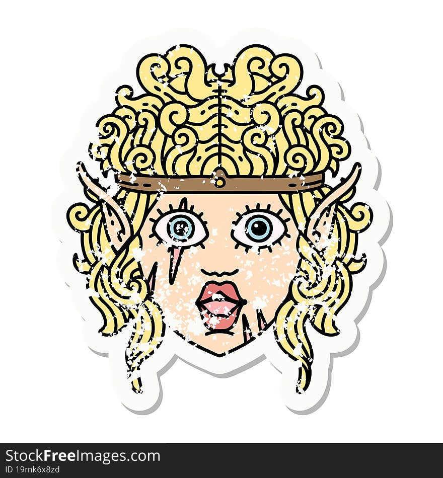 grunge sticker of a elf barbarian character face. grunge sticker of a elf barbarian character face