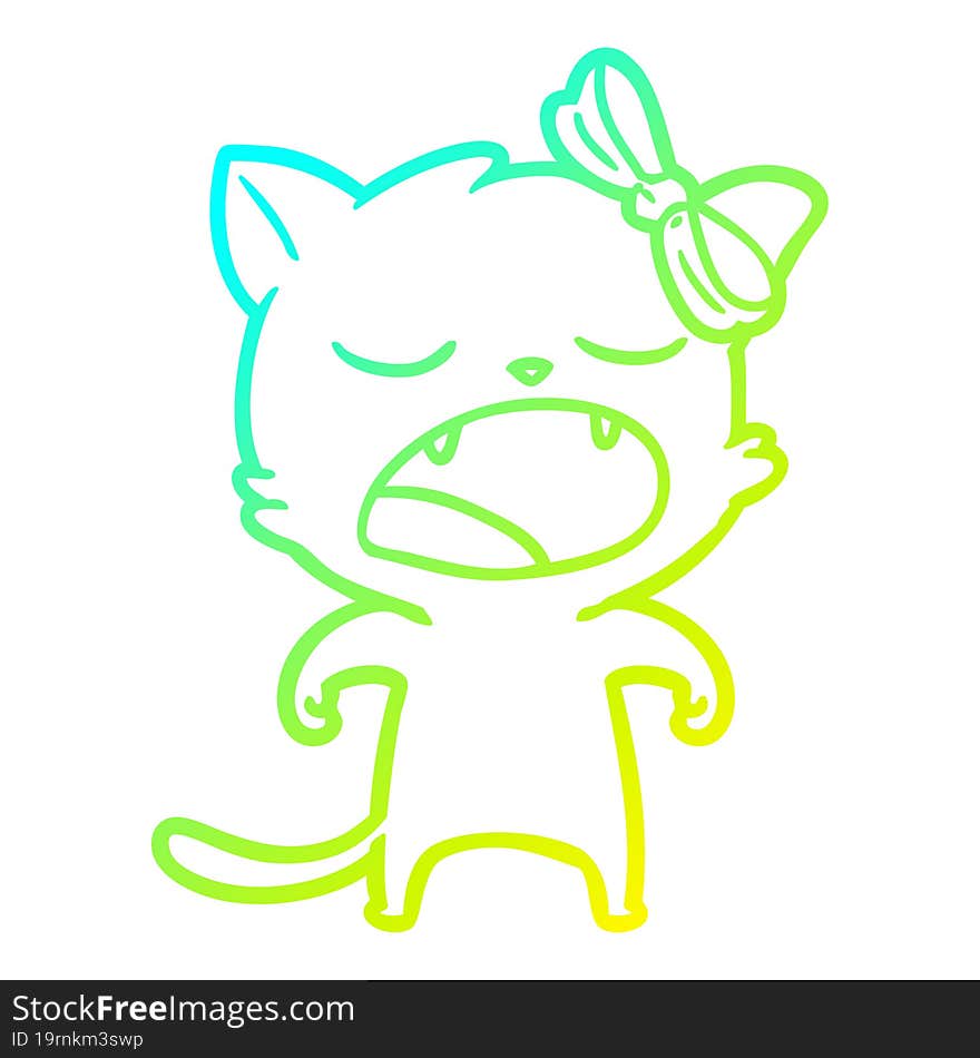 cold gradient line drawing of a cartoon yawning cat