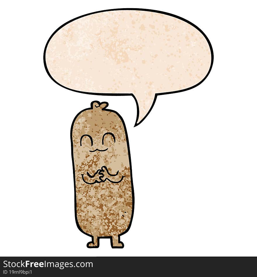 cartoon sausage and speech bubble in retro texture style