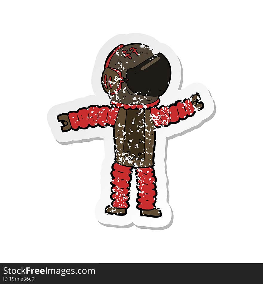 retro distressed sticker of a cartoon astronaut reaching