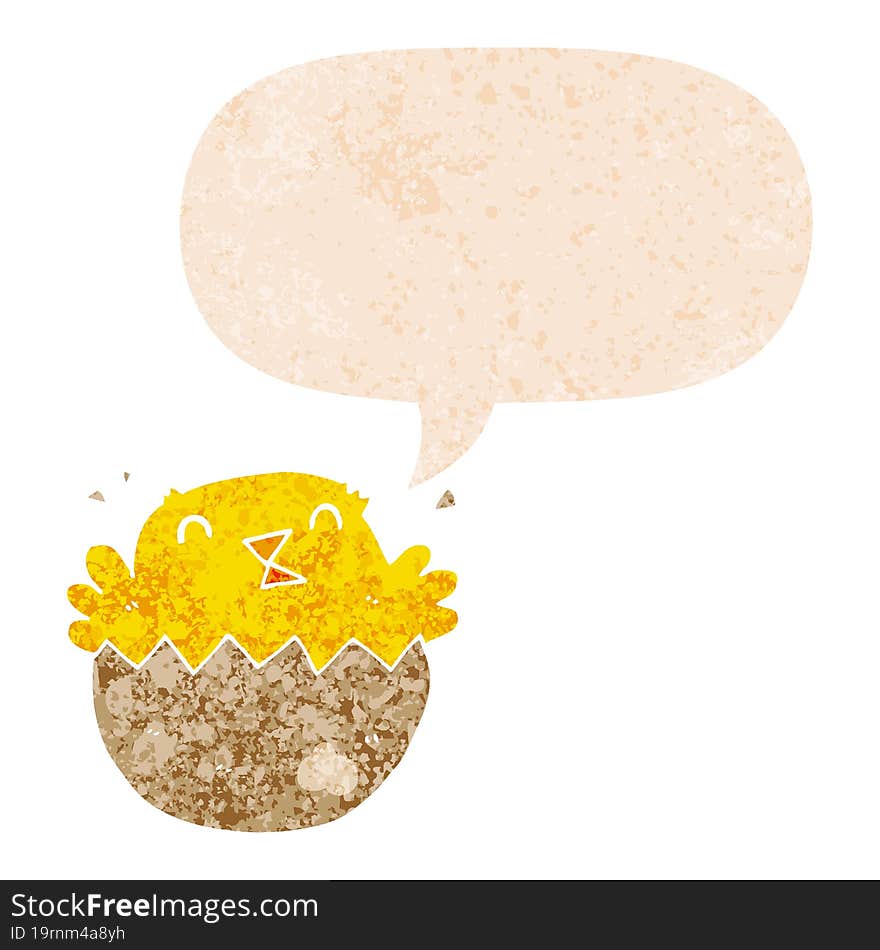 Cartoon Hatching Chick And Speech Bubble In Retro Textured Style