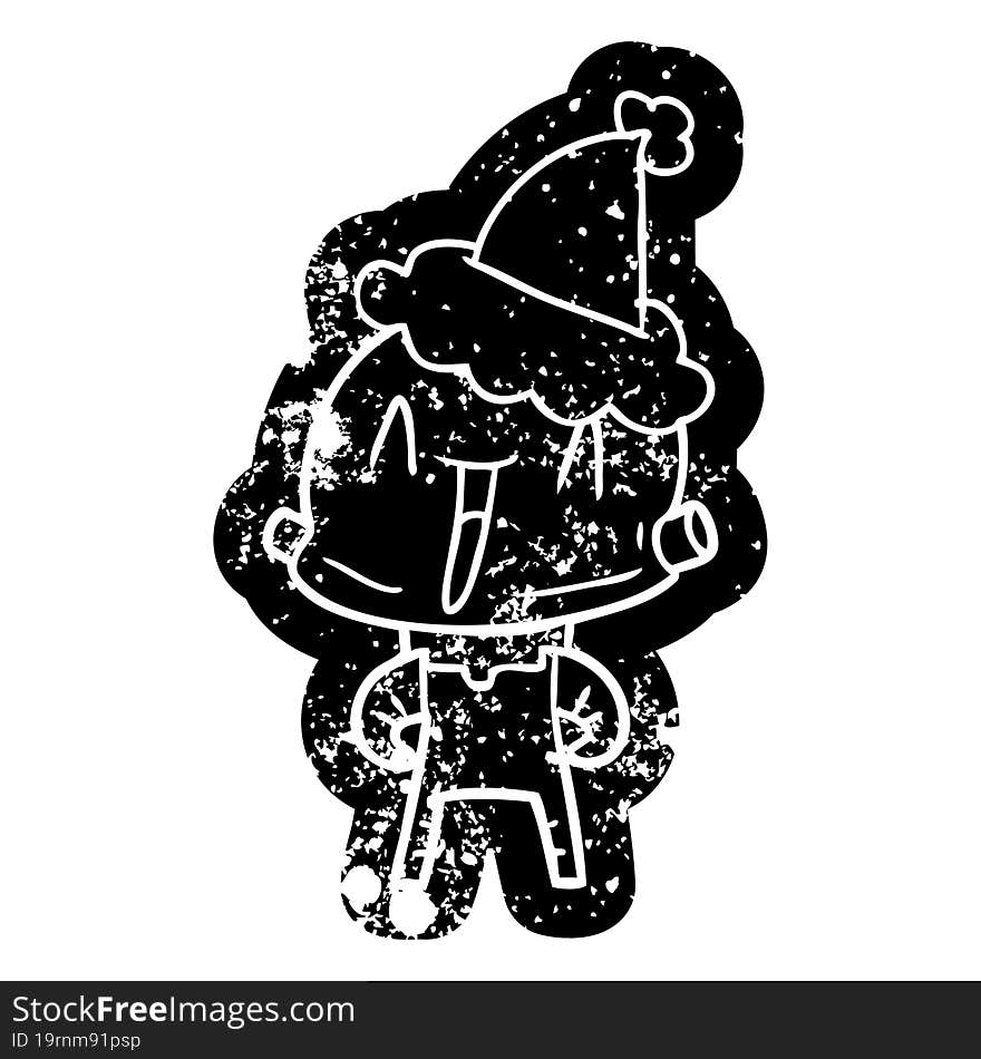 cartoon distressed icon of a robot wearing santa hat