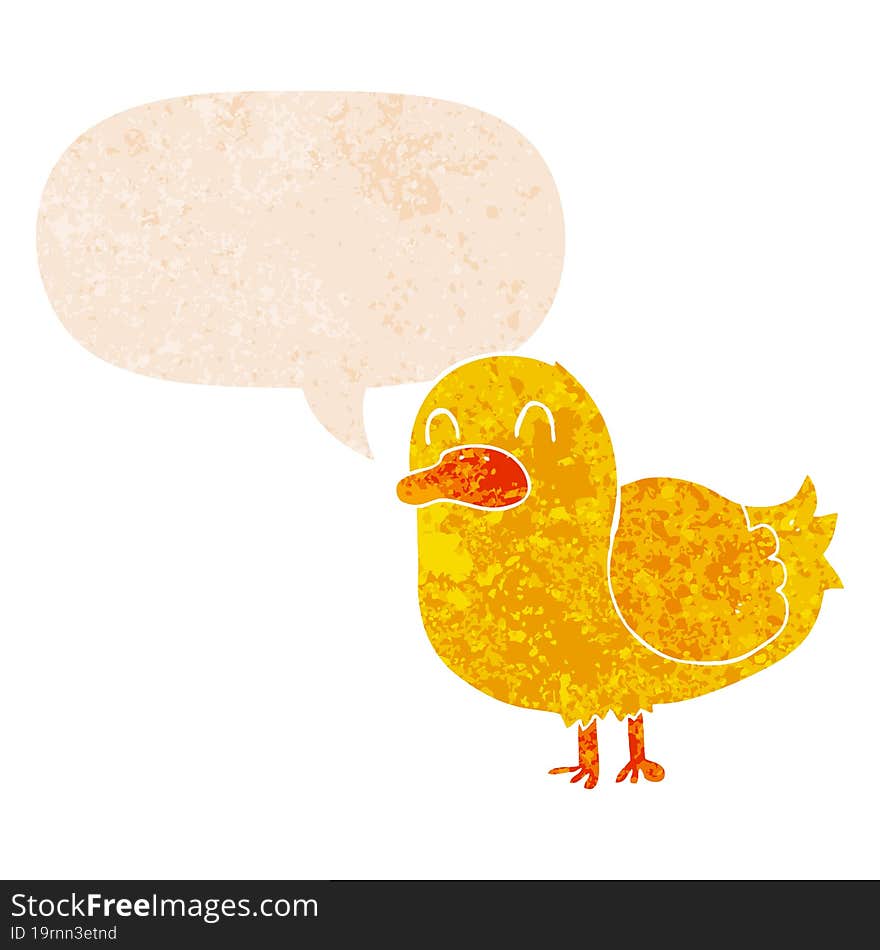 cartoon duck and speech bubble in retro textured style