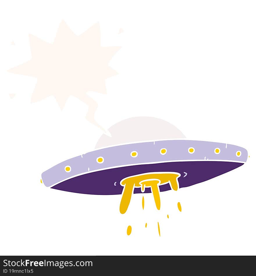 cartoon flying UFO and speech bubble in retro style