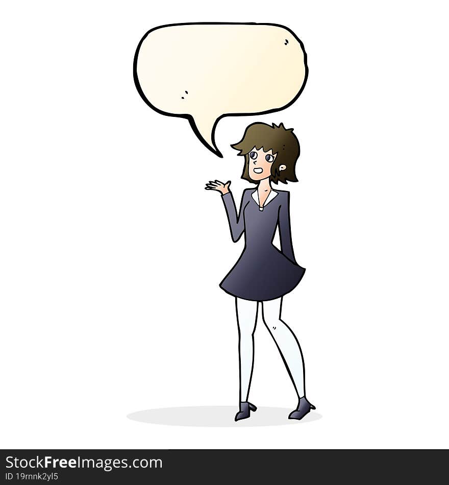 cartoon pretty woman in dress with speech bubble