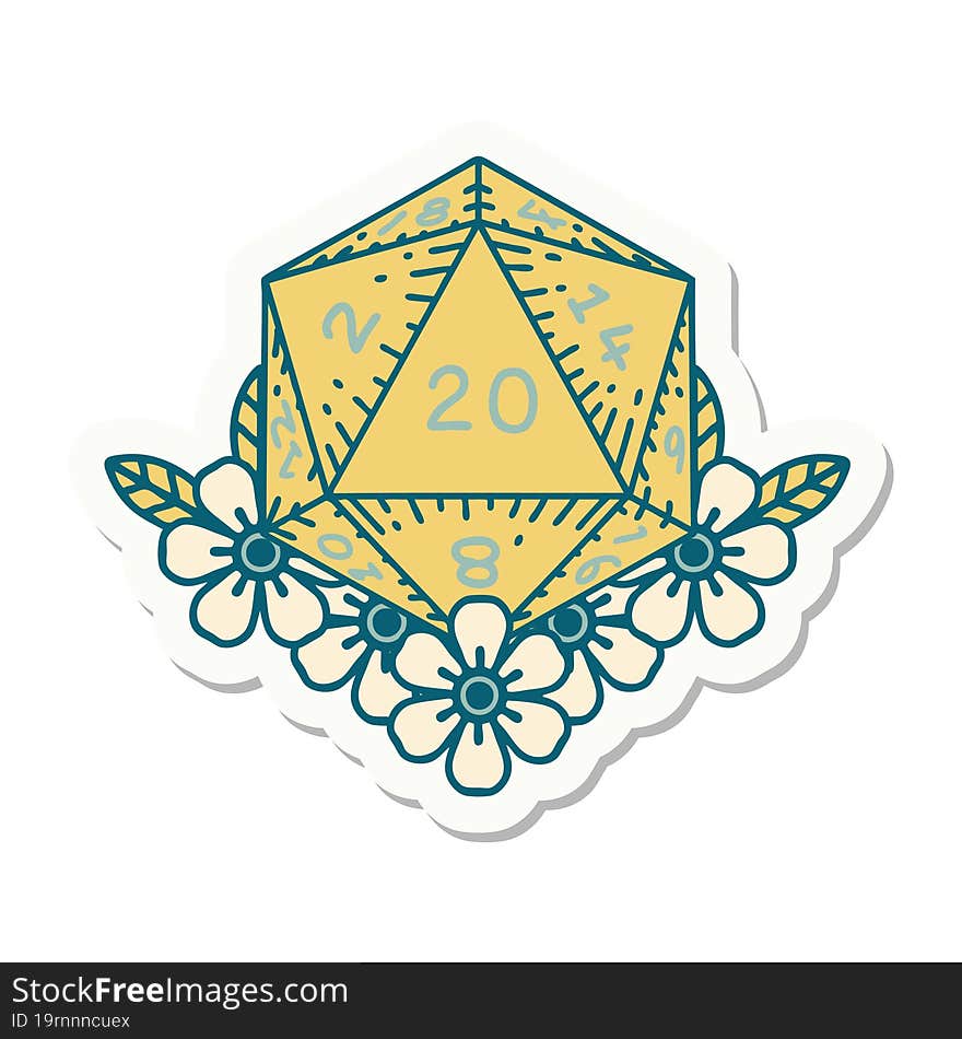 Natural 20 D20 Dice Roll With Floral Elements Sticker