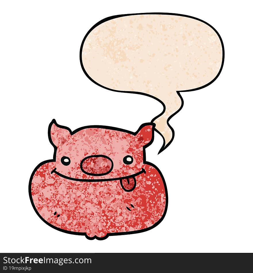 Cartoon Happy Pig Face And Speech Bubble In Retro Texture Style