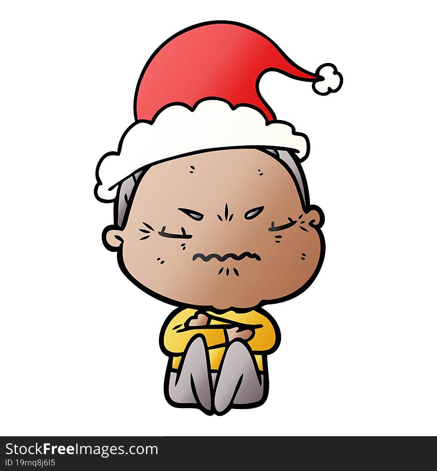 Gradient Cartoon Of A Annoyed Old Lady Wearing Santa Hat