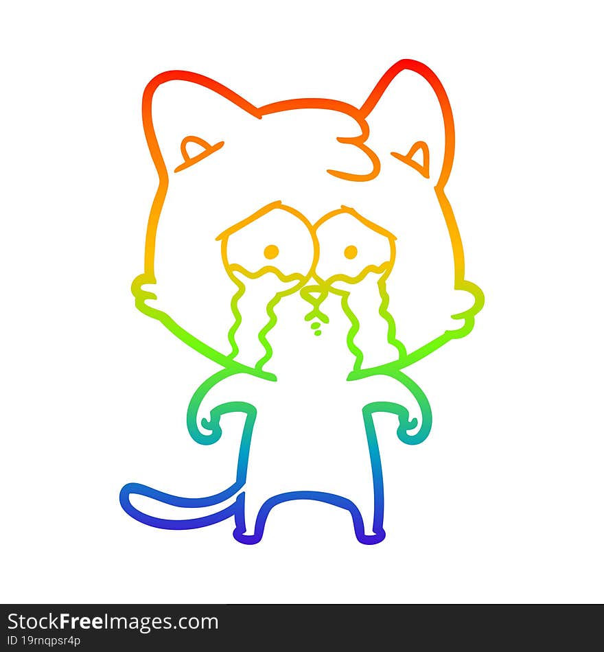 Rainbow Gradient Line Drawing Cartoon Crying Cat