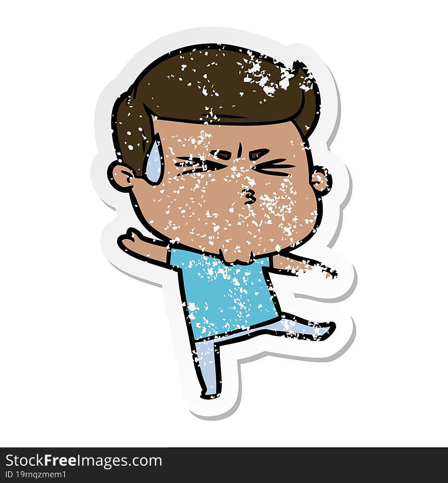 distressed sticker of a cartoon man sweating