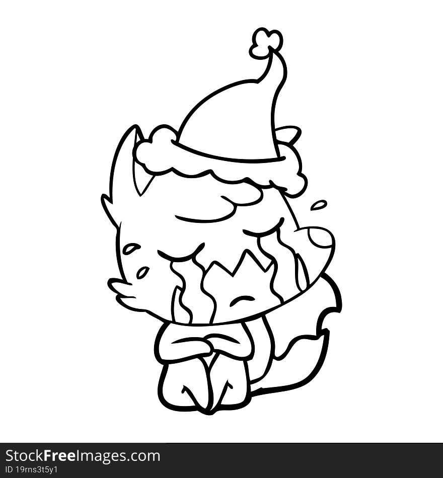 crying fox line drawing of a wearing santa hat