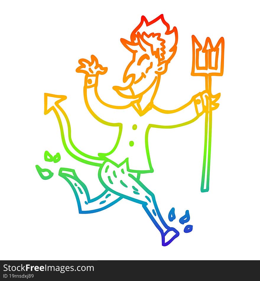 rainbow gradient line drawing cartoon devil with pitchfork