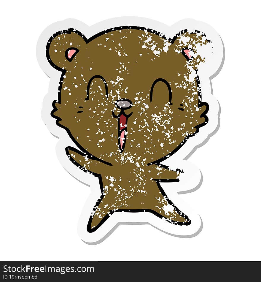 distressed sticker of a happy cartoon bear