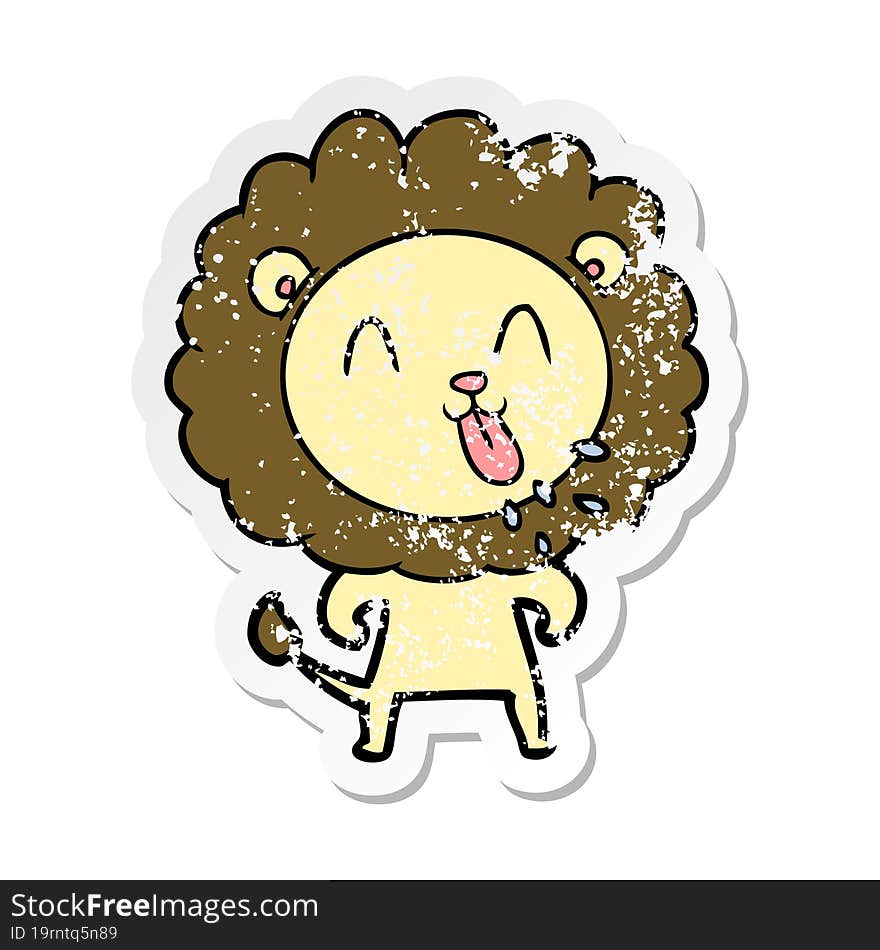 distressed sticker of a happy cartoon lion