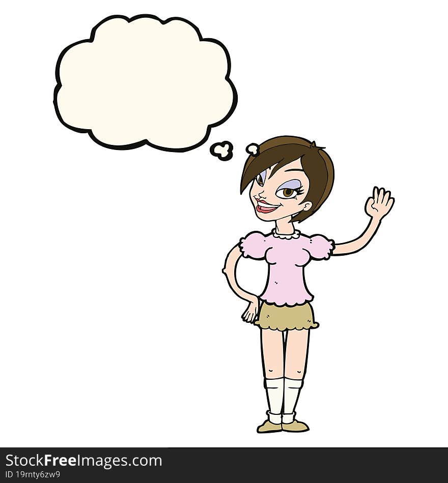 Cartoon Waving Woman With Thought Bubble