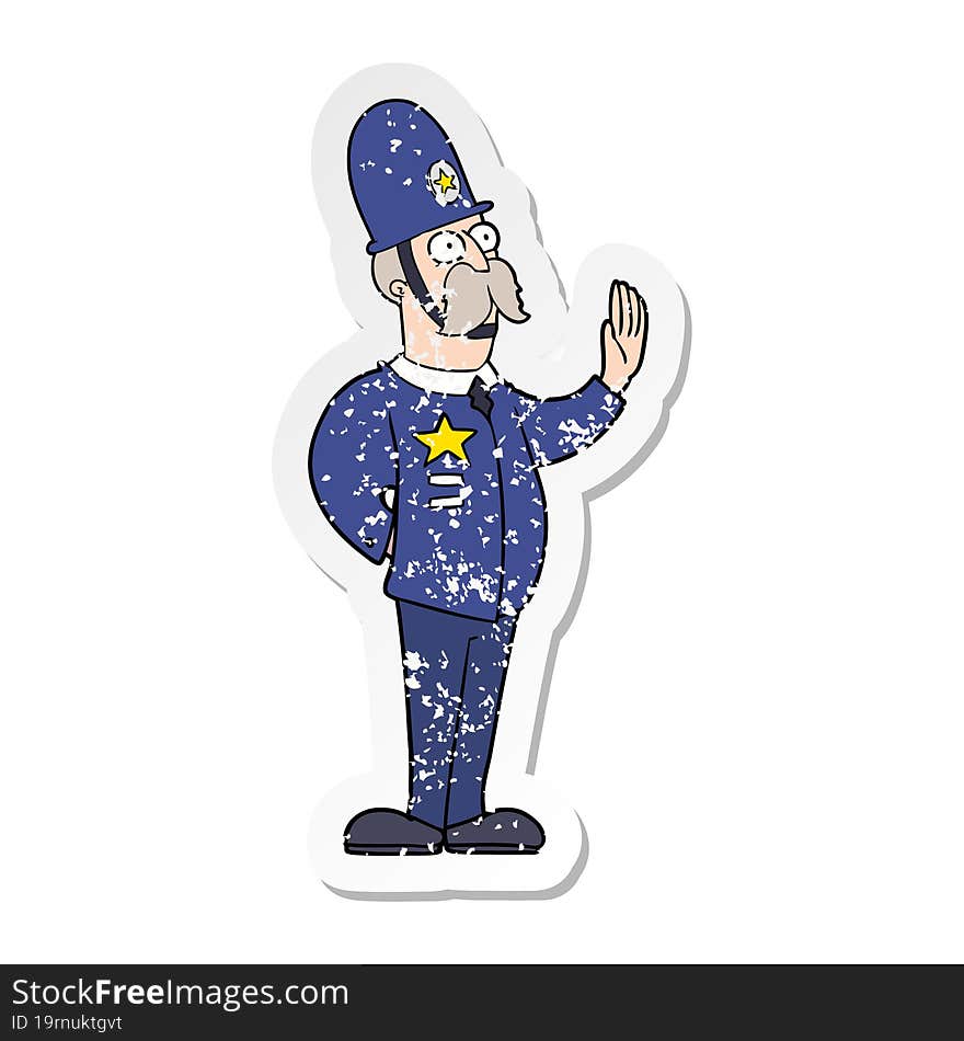 distressed sticker of a cartoon policeman making stop gesture