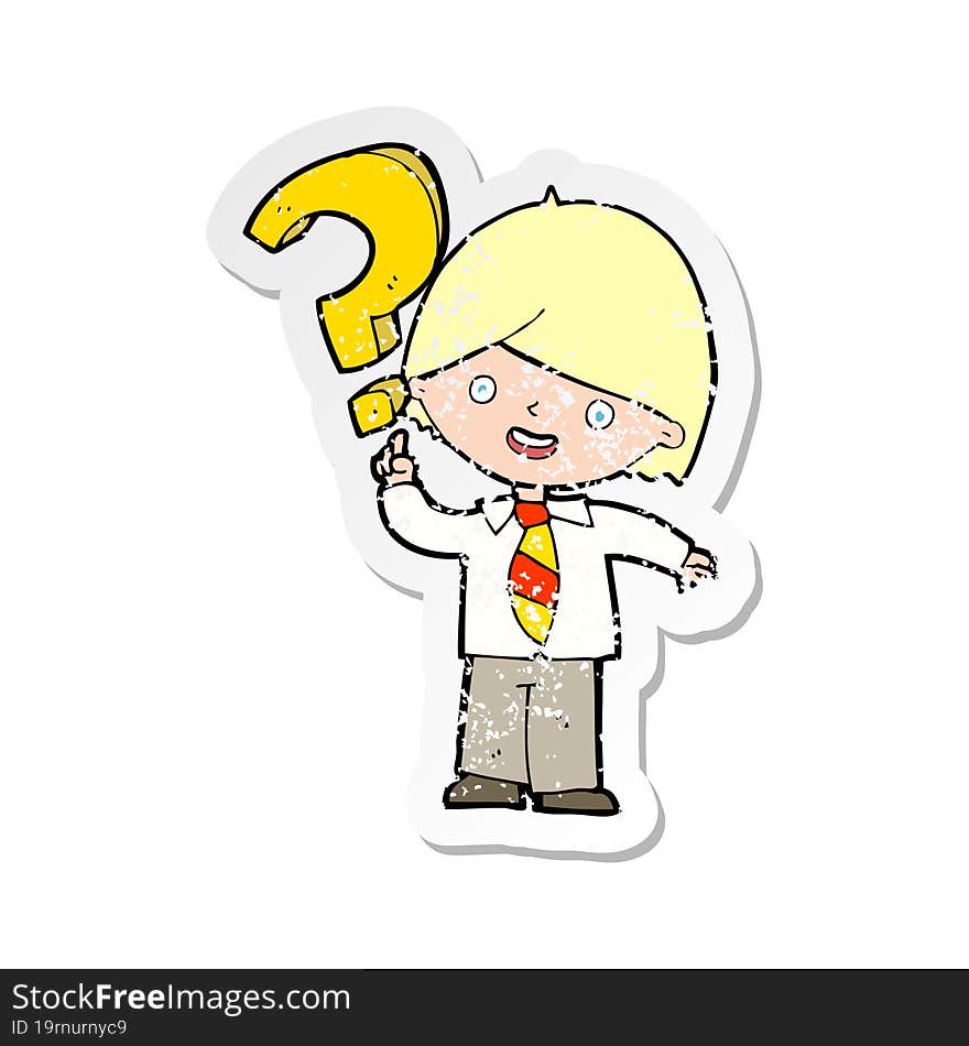 retro distressed sticker of a cartoon boy with question