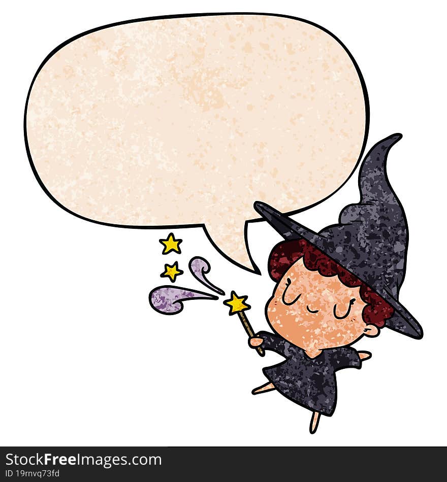 cute cartoon witch casting spell and speech bubble in retro texture style