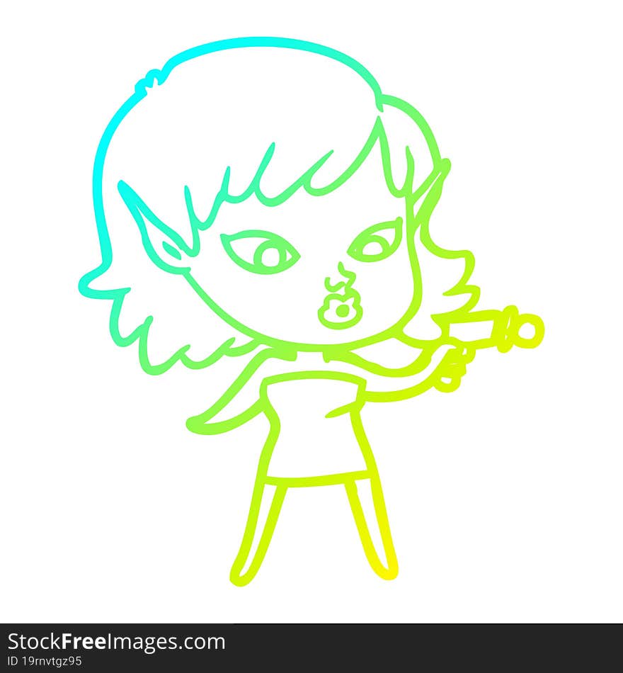 cold gradient line drawing pretty cartoon girl with ray gun