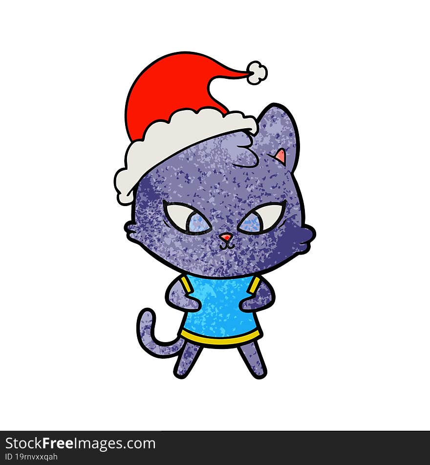 cute hand drawn textured cartoon of a cat wearing santa hat. cute hand drawn textured cartoon of a cat wearing santa hat