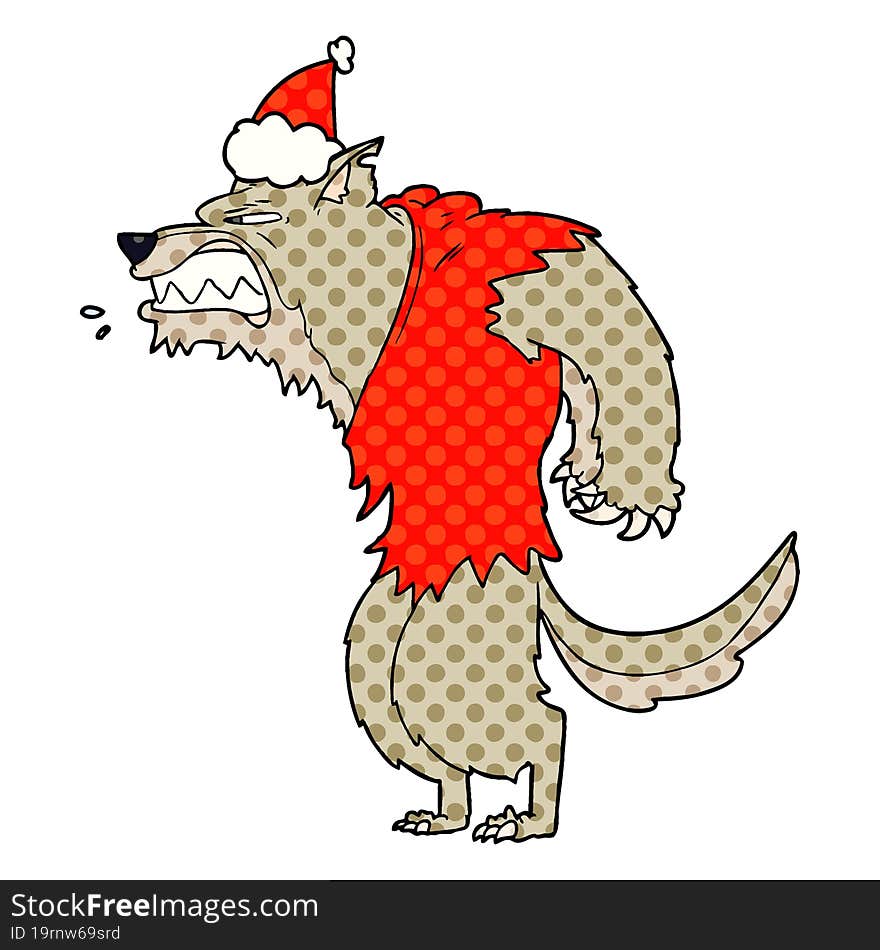 angry werewolf comic book style illustration of a wearing santa hat