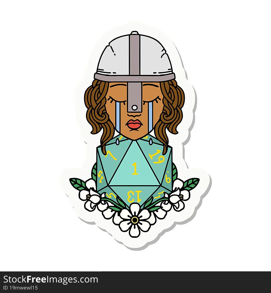 Crying Human Fighter With Natural One D20 Roll Sticker