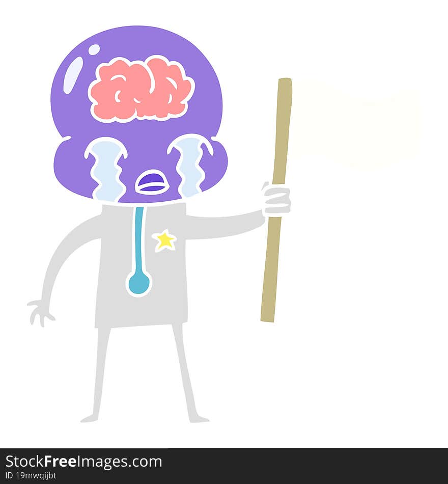 flat color style cartoon crying big brain alien waving a flag