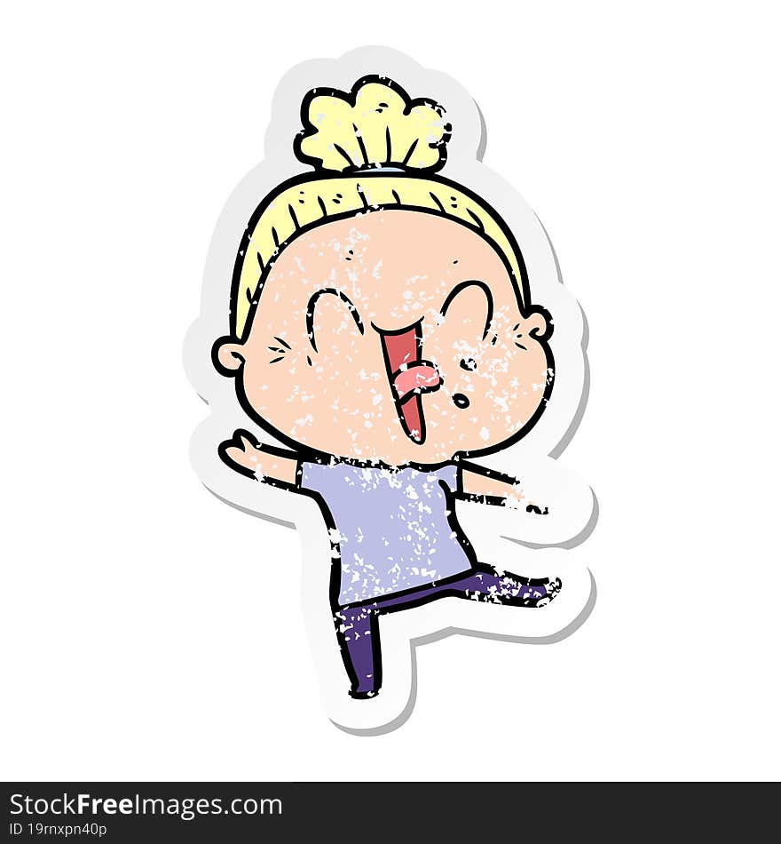 distressed sticker of a cartoon happy old woman