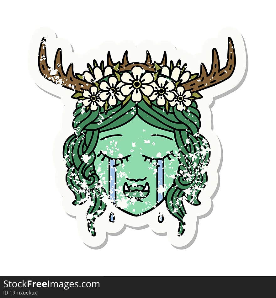 grunge sticker of a sad half orc druid character face. grunge sticker of a sad half orc druid character face