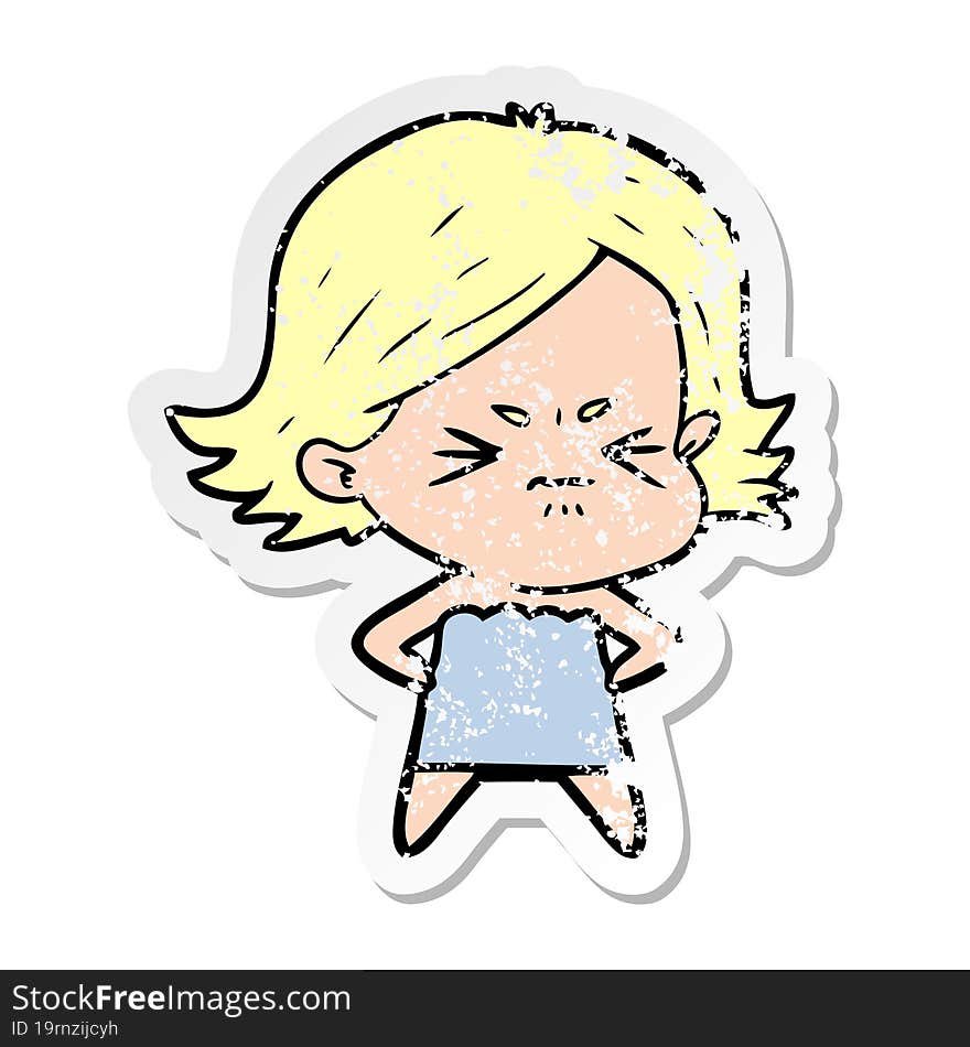 distressed sticker of a cartoon angry girl