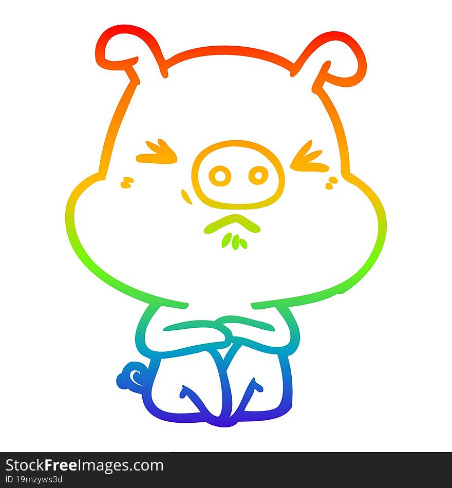 rainbow gradient line drawing of a cartoon angry pig sat waiting