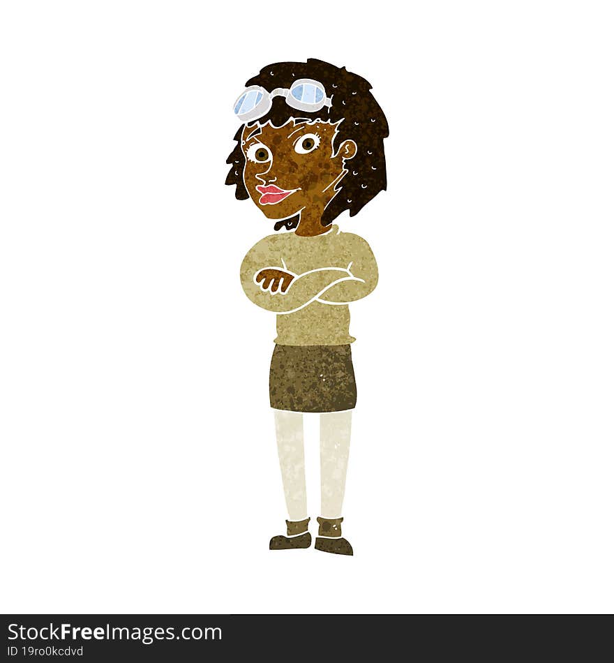 cartoon woman with crossed arms and safety goggles