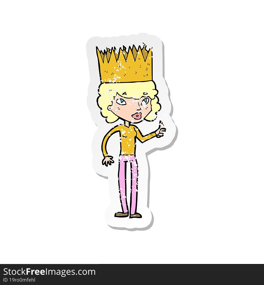 retro distressed sticker of a cartoon person wearing crown