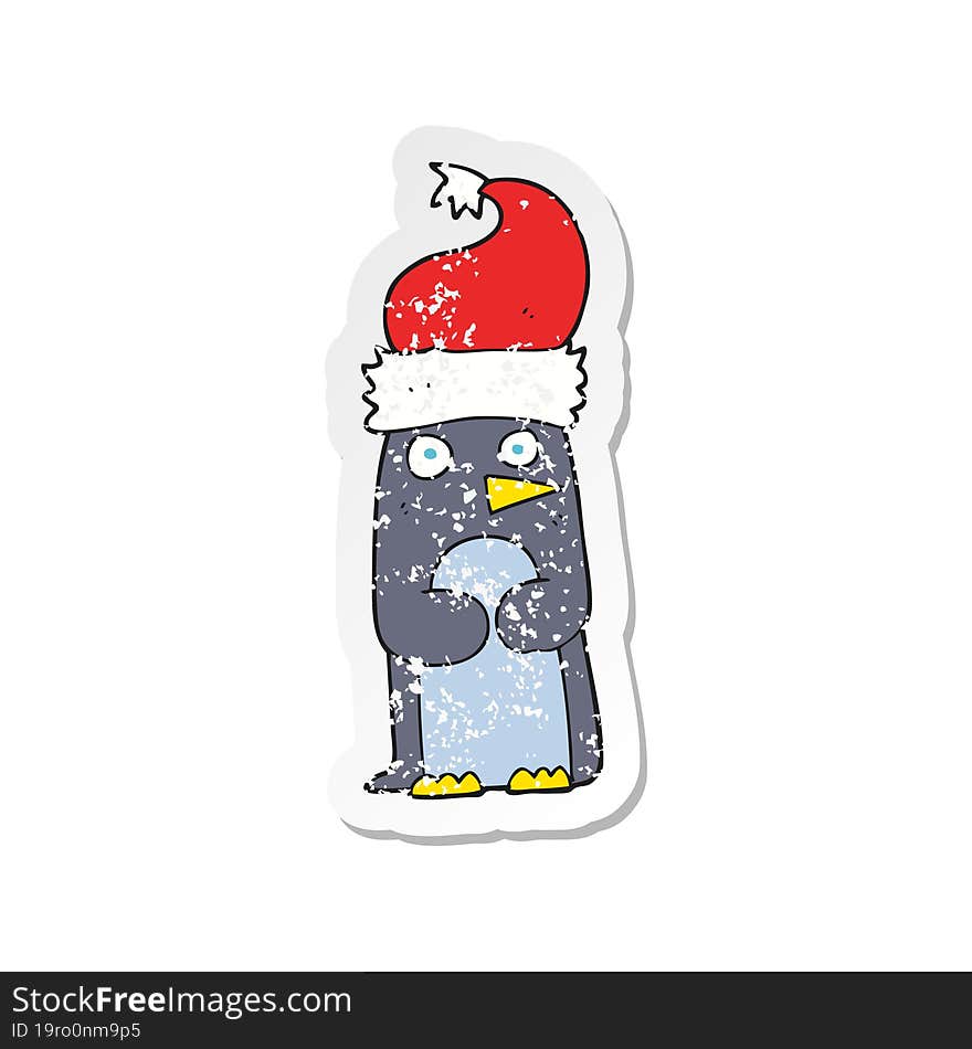 Retro Distressed Sticker Of A Cartoon Penguin In Christmas Hat