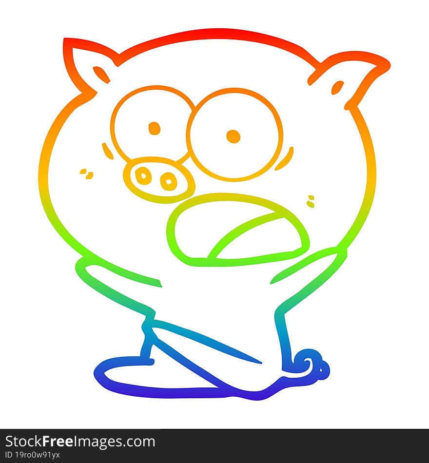 Rainbow Gradient Line Drawing Shocked Cartoon Pig Sitting Down