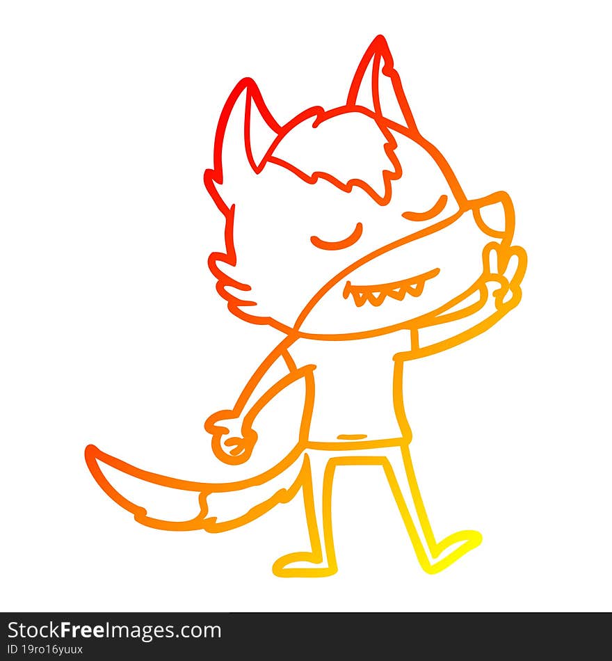 warm gradient line drawing of a friendly cartoon wolf making peace sign