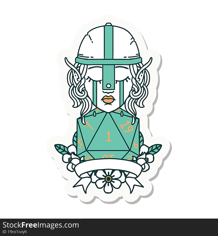 sticker of a crying elf fighter character face with natural one D20 roll. sticker of a crying elf fighter character face with natural one D20 roll