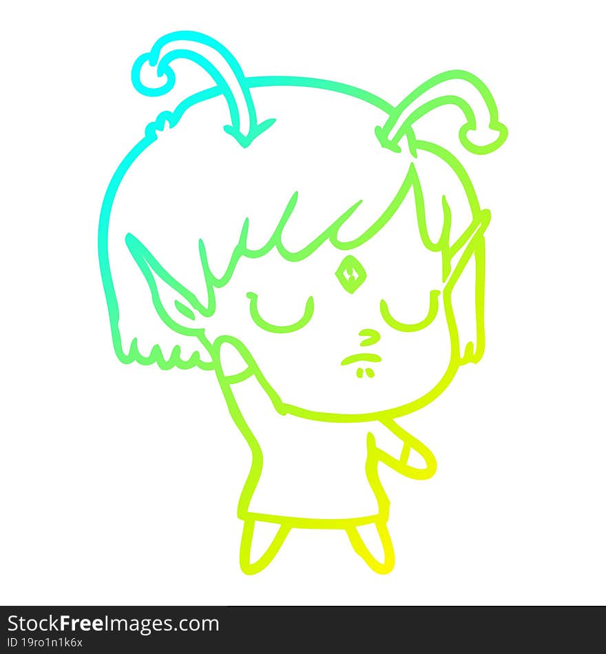 cold gradient line drawing of a cartoon alien girl