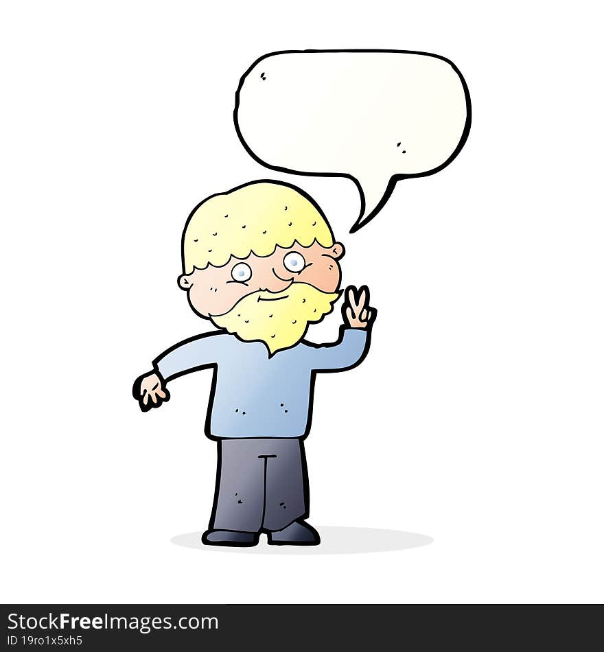 cartoon man giving peace sign with speech bubble