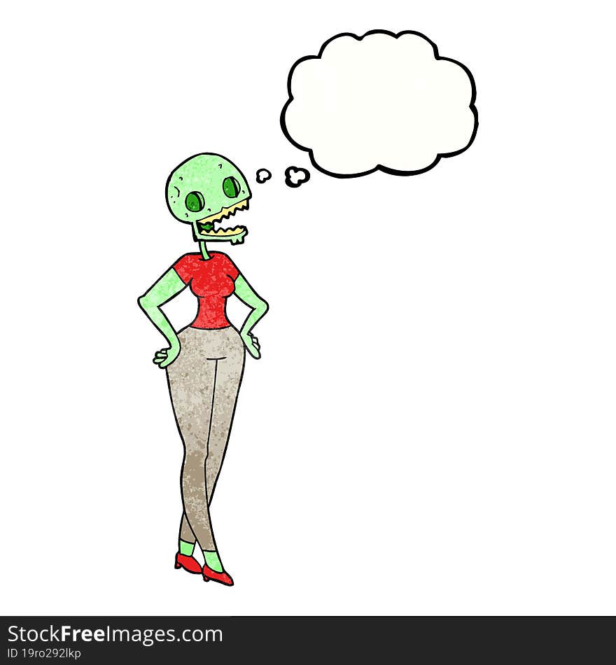 freehand drawn thought bubble textured cartoon zombie woman