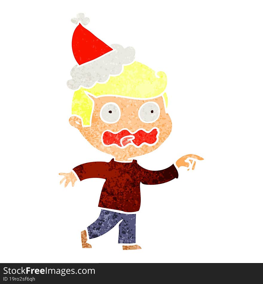 retro cartoon of a stressed out pointing wearing santa hat