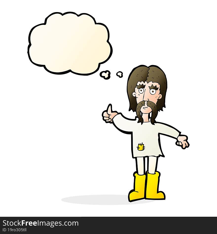 cartoon hippie man giving thumbs up symbol with thought bubble